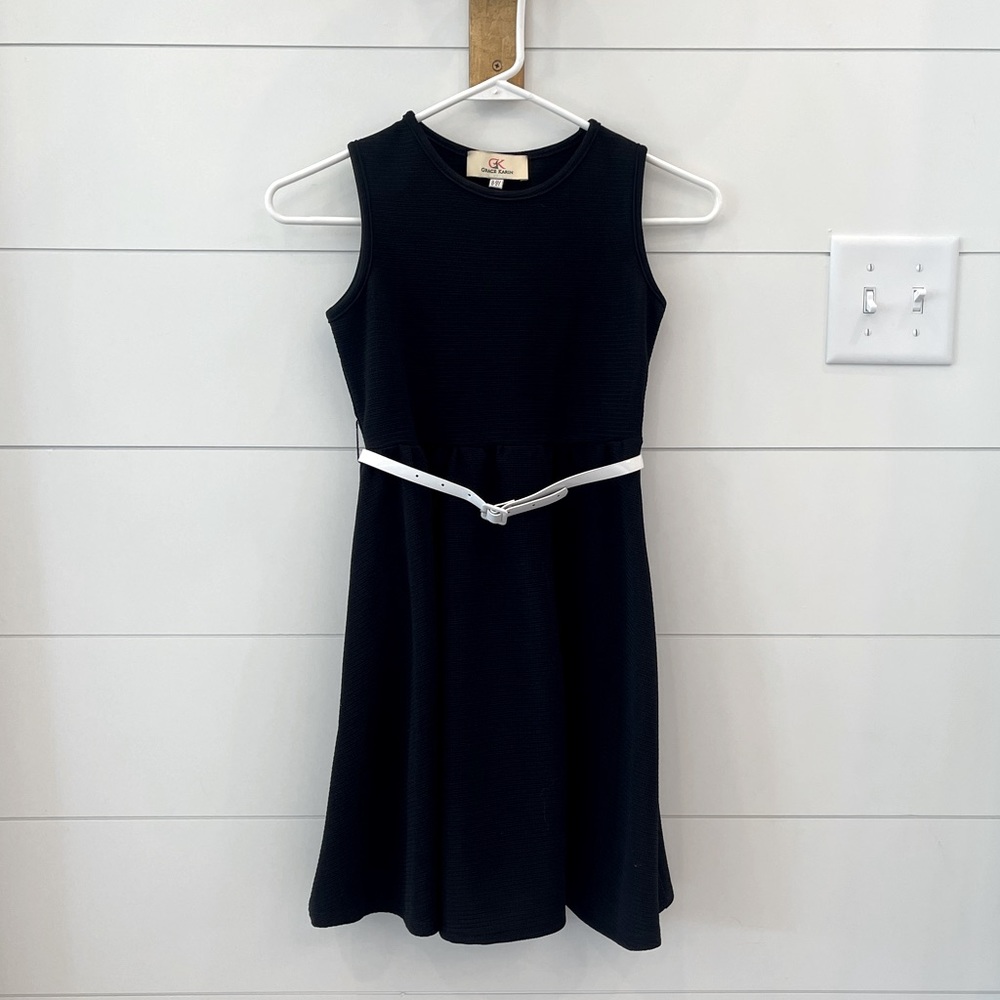 Girl size 9/10Y black dress with white belt